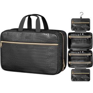 Leather Hanging Toiletry Bag for Men Women Spacious Toiletry Travel Bag Black